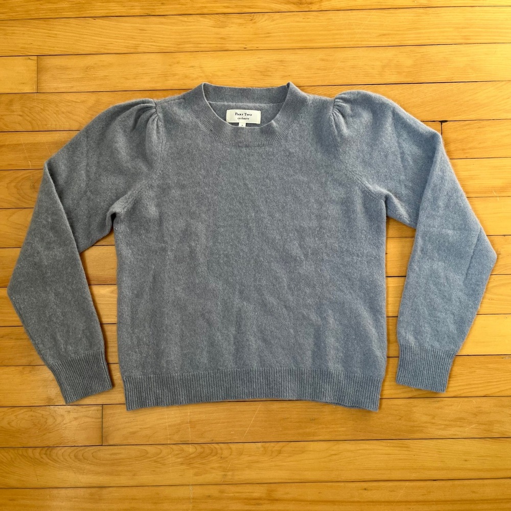 Part Two Cashmere Sweater Blue Grey Puff Shoulder Crew Neck Womens Size M
